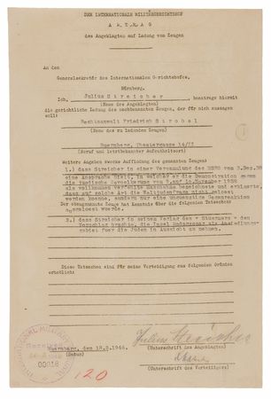 Lot #7152 Julius Streicher Document Signed at Nuremberg, Denying Responsibility for Kristallnacht - Image 1