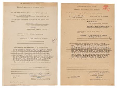 Lot #7150 Julius Streicher (2) Documents Signed at Nuremberg, Seeking Testimony on Kristallnacht and Concentration Camp Prisoners - Image 1