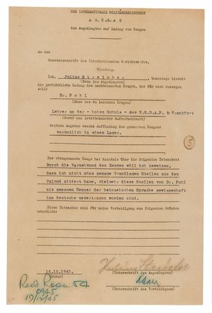 Lot #7147 Julius Streicher Document Signed at Nuremberg, Defending His Antisemitic Propaganda as Fact - Image 1