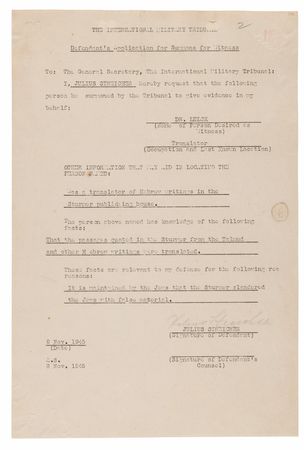 Lot #7148 Julius Streicher Document Signed at Nuremberg, Seeking a Hebrew Translator to Defend Der Stürmer Talmud Quotations - Image 1
