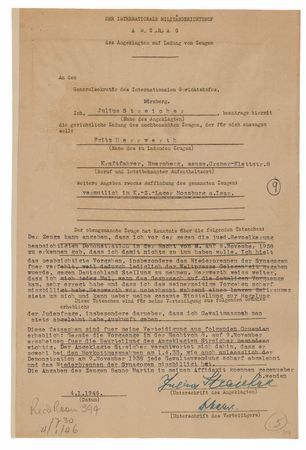 Lot #7151 Julius Streicher Document Signed at Nuremberg, Denying Support for Kristallnacht: 