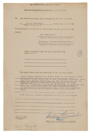 Lot #7149 Julius Streicher (2) Documents Signed at Nuremberg, Pleading Innocence in Kristallnacht: 