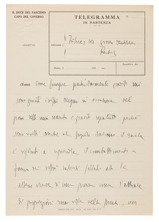 Lot #7034 Benito Mussolini Autograph Telegram Draft to Adolf Hitler, Following the Failed 20 July Assassination Attempt: 