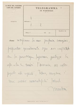 Lot #7034 Benito Mussolini Autograph Telegram Draft to Adolf Hitler, Following the Failed 20 July Assassination Attempt: 