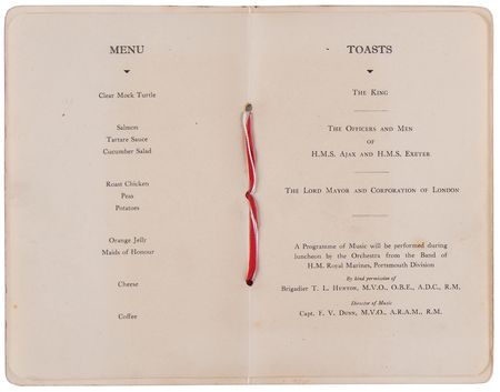 Lot #7004 Winston Churchill Signed ‘Guildhall Luncheon’ Menu, Honoring HMS Ajax and HMS Exeter for Their Victory Over the Graf Spee (1940) - Image 2