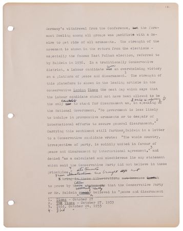 Lot #7001 John F. Kennedy Original Hand-Corrected Manuscript for Why England Slept (circa 1939–1940) - 13-Page Chapter on British Rearmament - Image 12