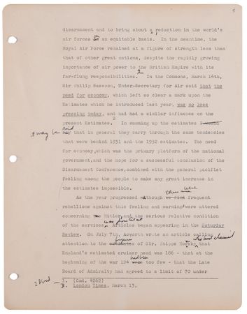 Lot #7001 John F. Kennedy Original Hand-Corrected Manuscript for Why England Slept (circa 1939–1940) - 13-Page Chapter on British Rearmament - Image 5