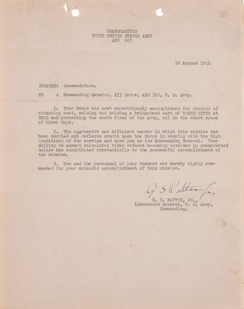 Lot #7047 George S. Patton War-Dated Typed Letter Signed to XII Corps Commander Manton Eddy, Praising His Calculated Risks in the Advance Across France - Image 1