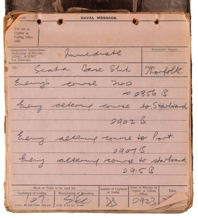 Lot #7021 German Battleship Bismarck: Original File of 258 Decrypted Secret Naval Messages (1941), Chronicling Its Pursuit and Sinking<br/> - Image 1