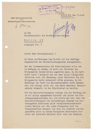 Lot #7019 Albert Speer Typed Letter Signed to