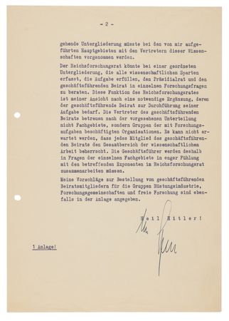 Lot #7019 Albert Speer Typed Letter Signed to Hermann Göring, Proposing the Organization of the Reich Research Council (1942) - Image 2