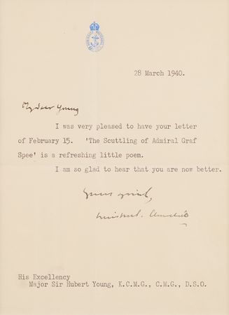 Lot #7005 Winston Churchill War-Dated Typed Letter Signed, Praising a Calypso Song Celebrating the 'Scuttling of Admiral Graf Spee' - Image 1