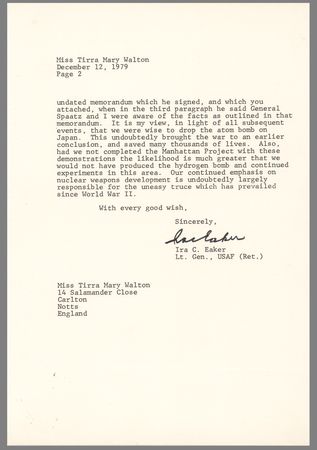 Lot #7099 Ira C. Eaker Typed Letter Signed - Recalling Hap Arnold, the Manhattan Project, and the Decision to Drop the Atomic Bomb - Image 2