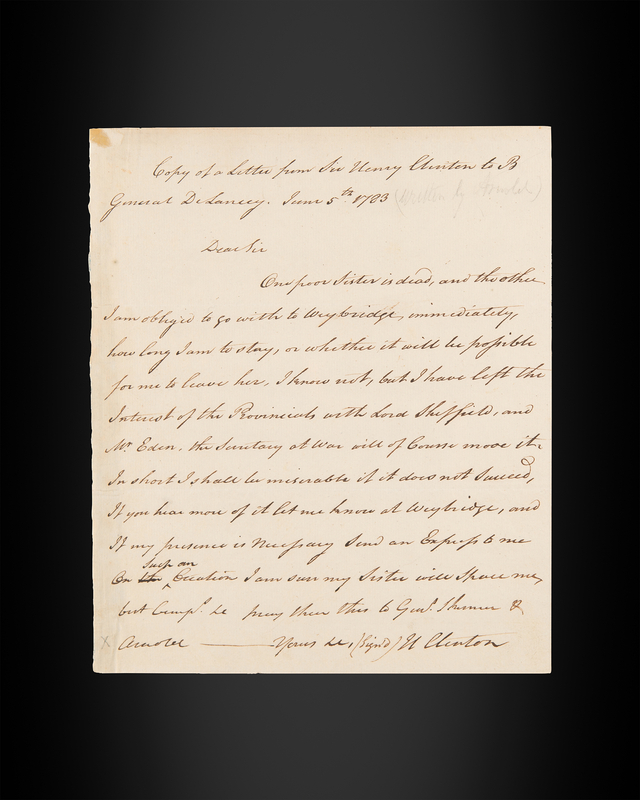 Lot 8034 Benedict Arnold Revolutionary War–Dated Handwritten Letter (Copy of Henry Clinton's Letter to Oliver De Lancey)