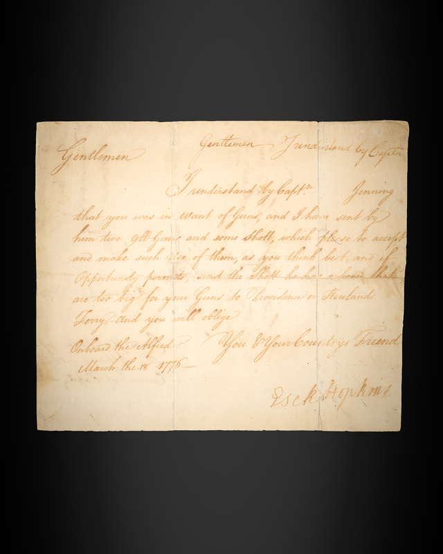 Lot 8038 Esek Hopkins War-Dated Letter Signed from 'Onboard the Alfred,' Requesting Cannon for the Defense of New England Ports