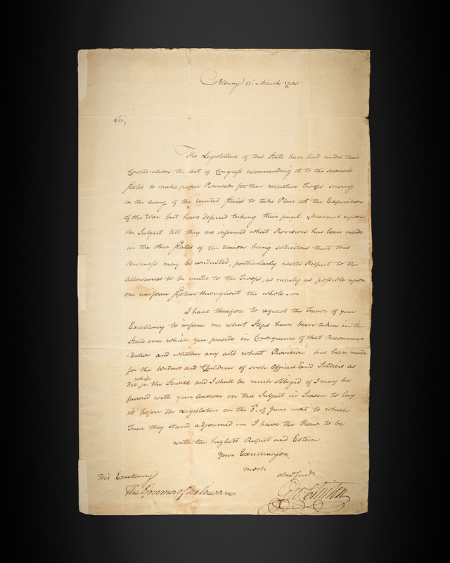 Lot 8041 George Clinton War-Dated Letter Signed to Delaware Governor Caesar Rodney, Urging Uniform Interstate Provisions for Continental Soldiers and Their Families (1780)