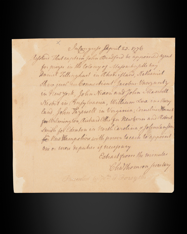 Lot 8023 Charles Thomson Revolutionary War-Dated Autograph Document Signed, Appointing Naval Agents for Privateering Prizes (1776)