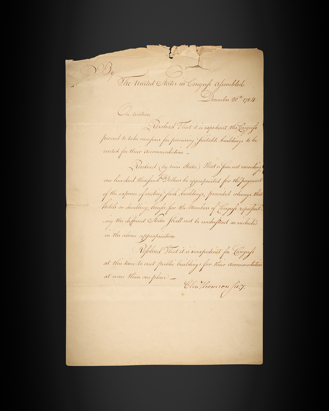 Lot 8053 Charles Thomson Document Signed as Secretary of the Continental Congress, Appropriating $100,000 for the Establishment of Permanent Capital Buildings