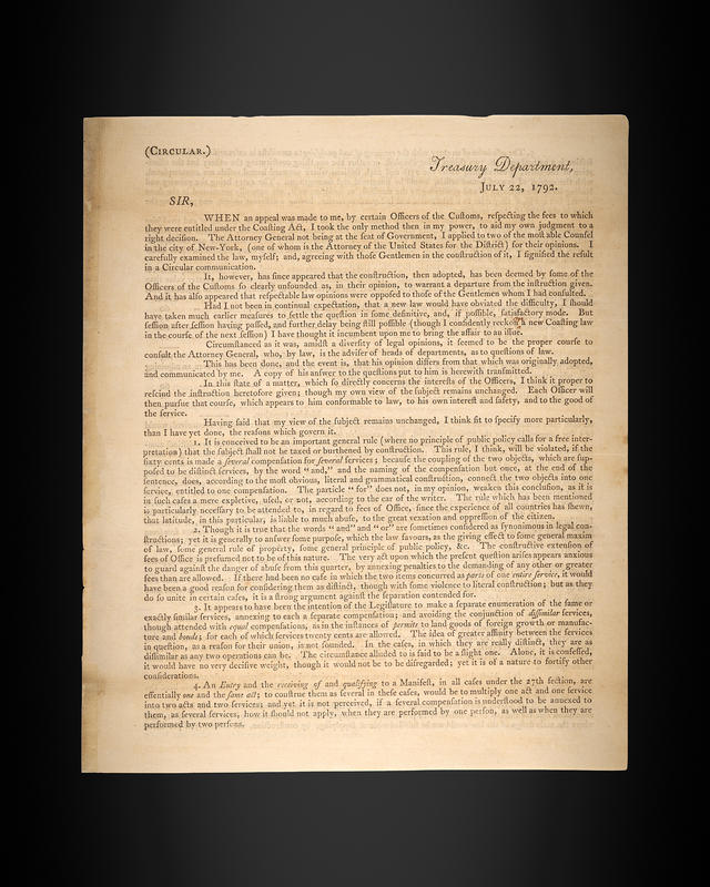 Lot 8060 Alexander Hamilton Signed Treasury Department Circular on the Interpretation of the Coasting Act
