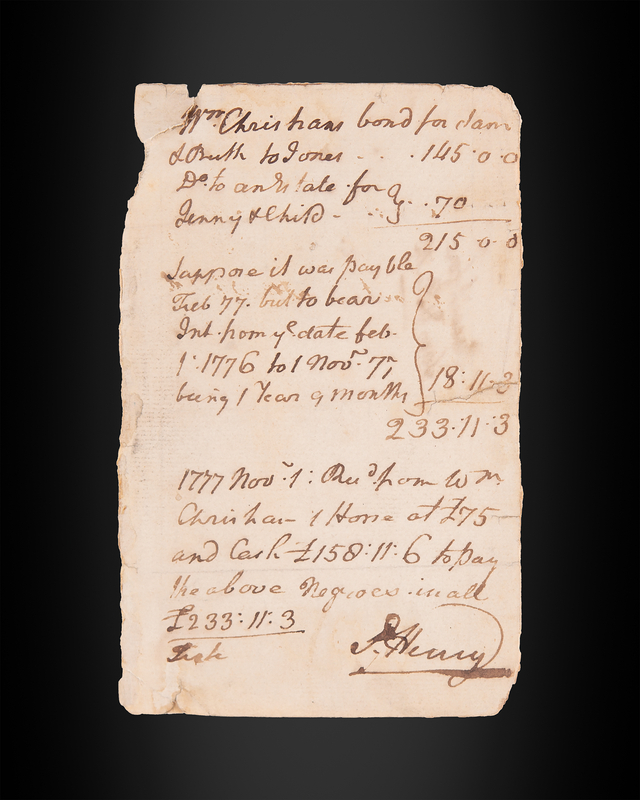 Lot 8010 Patrick Henry Autograph Document Signed, Valuing an Enslaved Woman and Child in a Financial Settlement During the Revolutionary Era (1776–1777)