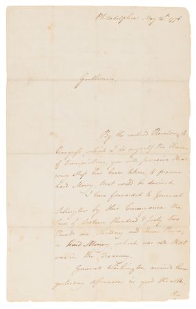 Lot #8022 John Hancock Revolutionary War-Dated Letter Signed to Benjamin Franklin, Samuel Chase, and Charles Carroll, Announcing George Washington's Arrival at Philadelphia in 1776 and the Exhaustion of the Congressional Treasury - Image 2