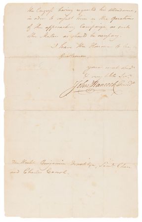Lot #8022 John Hancock Revolutionary War-Dated Letter Signed to Benjamin Franklin, Samuel Chase, and Charles Carroll, Announcing George Washington's Arrival at Philadelphia in 1776 and the Exhaustion of the Congressional Treasury - Image 3