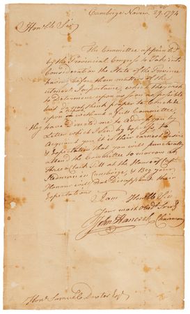 Lot #8005 John Hancock War-Dated Autograph Letter Signed as Chairman of the Massachusetts Provincial Congress, Urgently Summoning a Delegate to a Committee Meeting in Cambridge (1774) - Image 2