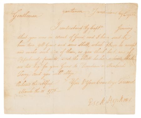 Lot #8038 Esek Hopkins War-Dated Letter Signed from 'Onboard the Alfred,' Requesting Cannon for the Defense of New England Ports - Image 2