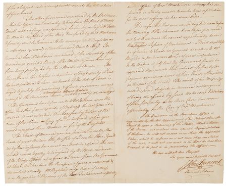 Lot #8004 John Hancock and Samuel Adams Letter Signed on American Radicals' Disaffection with British Colonial Policies and 