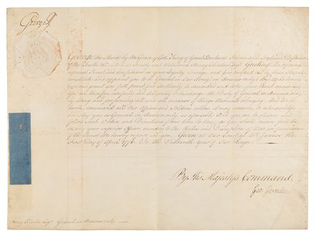 Lot #8037 King George III Signed Royal Military Commission, Countersigned by Lord George Germain, Appointing Sir Henry Clinton 