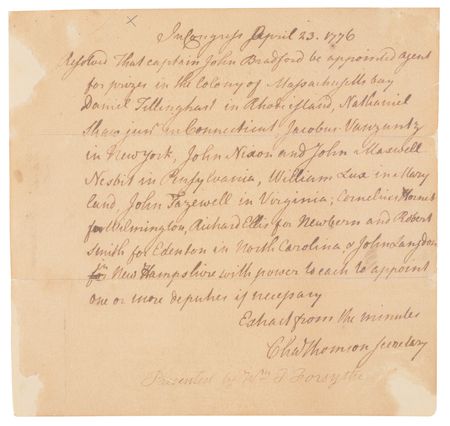 Lot #8023 Charles Thomson Revolutionary War-Dated Autograph Document Signed, Appointing Naval Agents for Privateering Prizes (1776) - Image 2