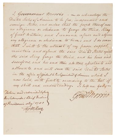 Lot #8042 Gouverneur Morris Twice-Signed Oath of Allegiance Renouncing King George III, Witnessed and Countersigned by Thomas McKean (August 8, 1781) - Image 2