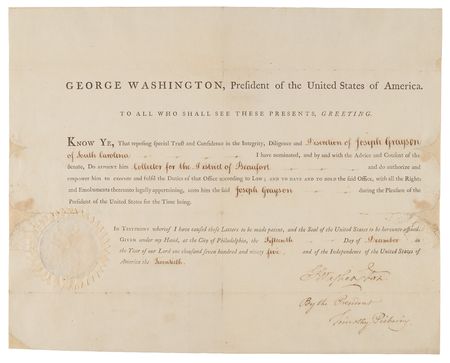 Lot #8066 George Washington Document Signed as President, Appointing a Customs Collector in South Carolina - Image 2
