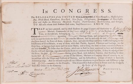 Lot #8025 John Hancock War-Dated Document Signed, Commissioning the Schooner Liberty for Privateering Against Great Britain - 