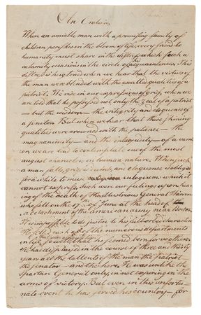Lot #8008 Joseph Warren: Manuscript Draft Eulogy for the Patriot General Killed at Bunker Hill, Published in the Pennsylvania Magazine During Thomas Paine's Editorship (1775) - Image 2