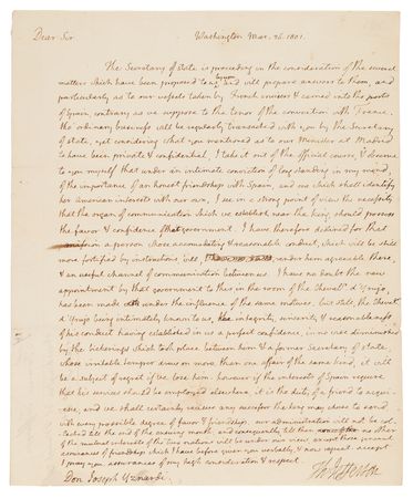 Lot #8073 Thomas Jefferson Autograph Letter Signed as President, Bypassing Secretary of State James Madison to Personally Assure Spain’s Representative of “an honest friendship with Spain” - Image 2