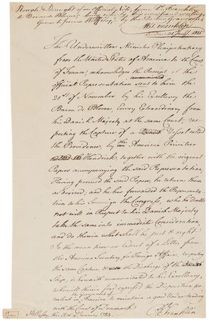 Lot #8027 Benjamin Franklin Autograph Letter Signed to Denmark's Envoy, Addressing the Capture of a Danish Vessel by an American Privateer (1784) - Image 2
