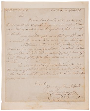 Lot #8009 Francis Lewis Revolutionary War-Dated Autograph Letter Signed on NYC's Reaction to the Battles of Lexington and Concord: 