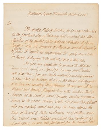 Lot #8030 John Adams Autograph Letter Signed with Thomas Jefferson Countersignature, Authorizing Negotiations with the Barbary Powers as American Sailors Were Held Captive in North Africa (1785) - Image 2
