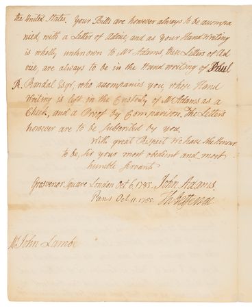 Lot #8030 John Adams Autograph Letter Signed with Thomas Jefferson Countersignature, Authorizing Negotiations with the Barbary Powers as American Sailors Were Held Captive in North Africa (1785) - Image 3