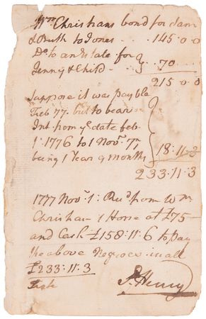 Lot #8010 Patrick Henry Autograph Document Signed, Valuing an Enslaved Woman and Child in a Financial Settlement During the Revolutionary Era (1776–1777) - Image 2